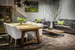 Coffee table in an open living and dining area