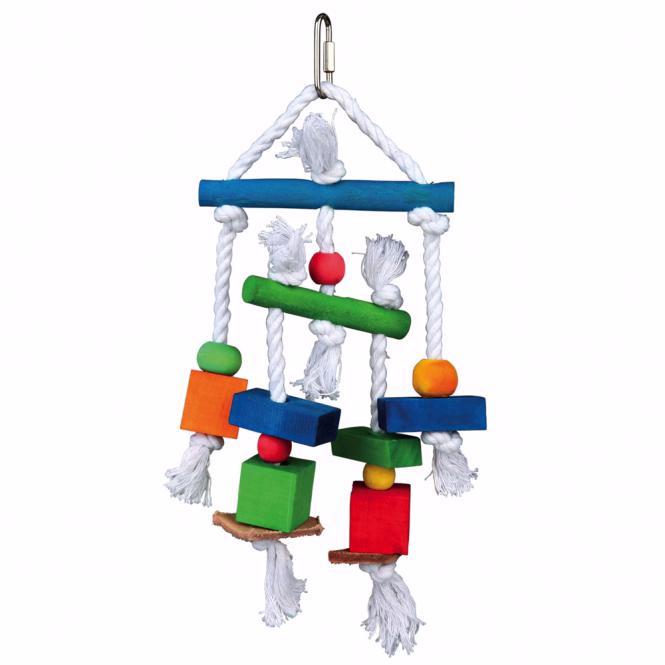 Vogelspielzeug aus Holz am Tau
